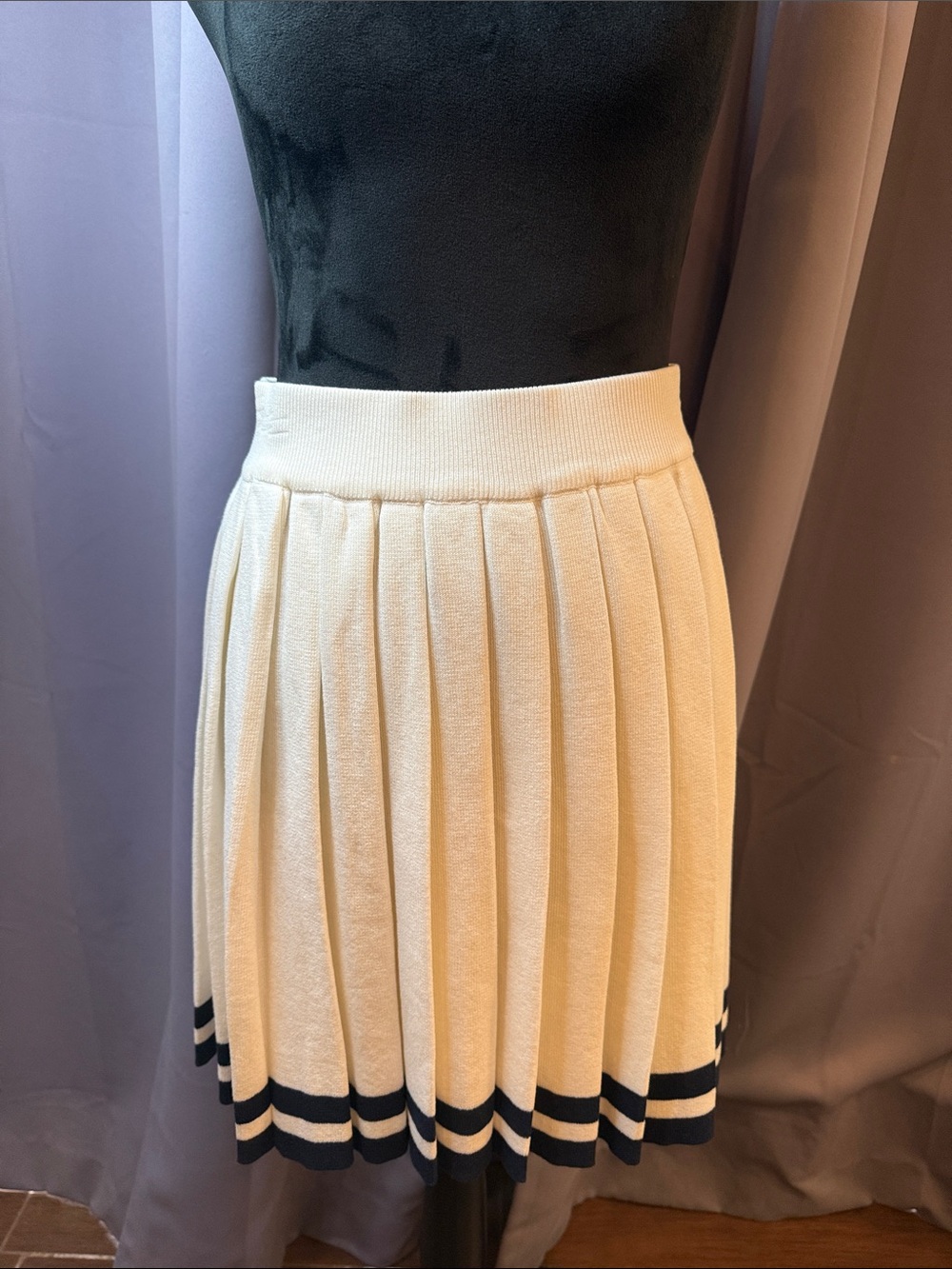 Skies Are Blue Cream Pleated Knit Skirt with Navy Stripes